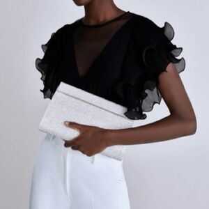 Uterqüe Ruffle Layered Sheer Black Blouse Top Minimalist